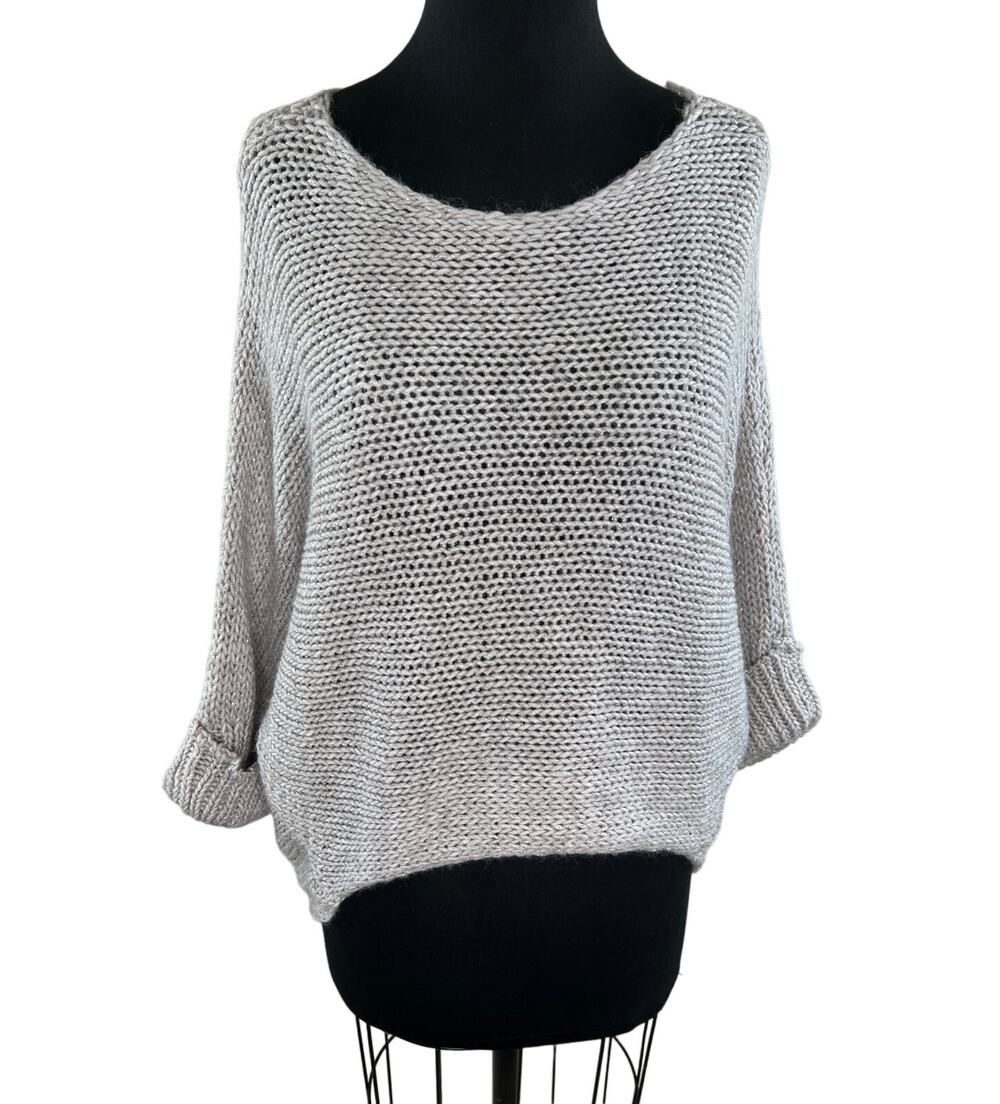 BERRETTI Gray Chunky Knit Relaxed Wool Cuffed Pullover Sweater One Size ITALY